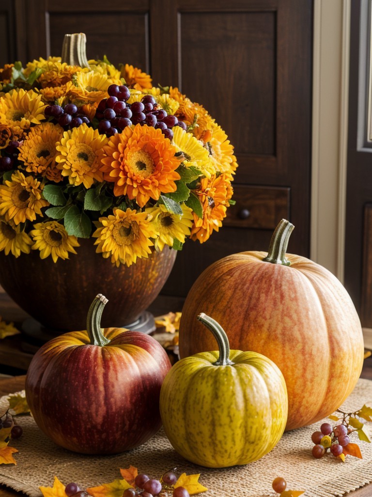 Arrange a display of heirloom pumpkins and colorful fall-inspired fruits like apples, pears, and grapes for an elegant autumn centerpiece.