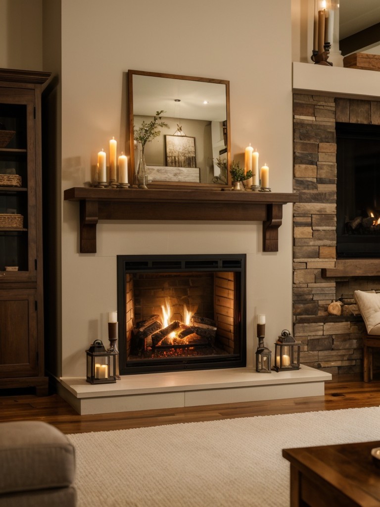 Bring the cozy atmosphere of a fireplace indoors by incorporating elements like electric fireplace inserts or candles in lanterns.