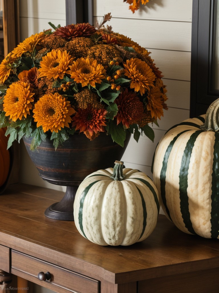 Display a collection of pumpkins, gourds, or decorative fall foliage for an instant autumnal feel.