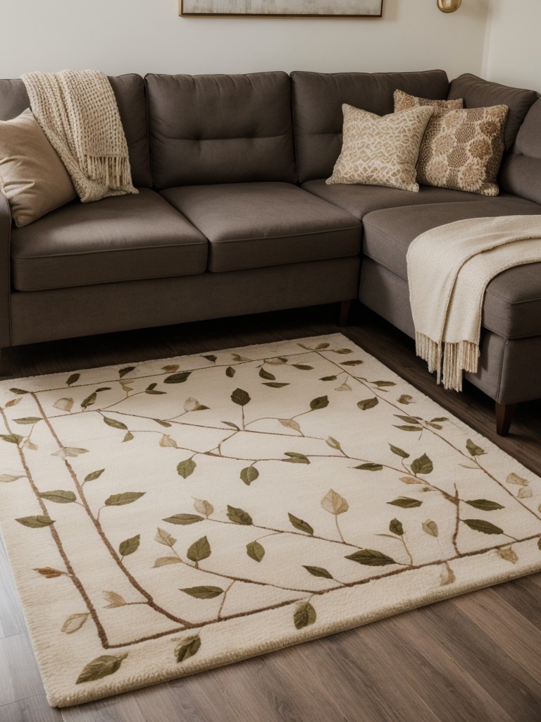 Enhance your apartment's coziness by adding soft area rugs in warm tones or natural patterns like leaf motifs or animal prints.