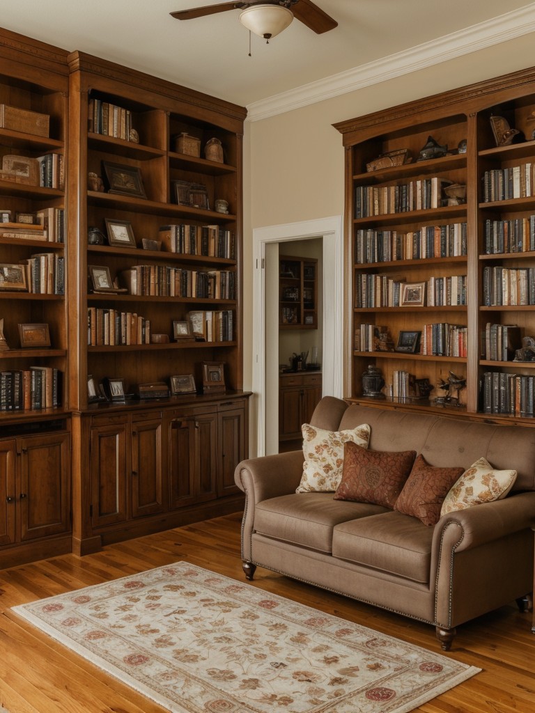 Enhance the cozy feel by placing floor-to-ceiling bookshelves filled with your favorite fall-themed literature and memorabilia.