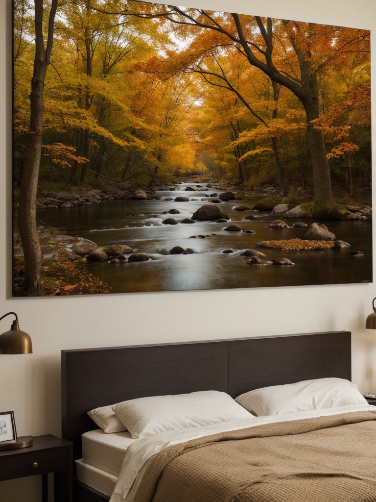 Hang fall-themed or nature-inspired wall art, such as landscapes, botanical prints, or artistic representations of autumn leaves.