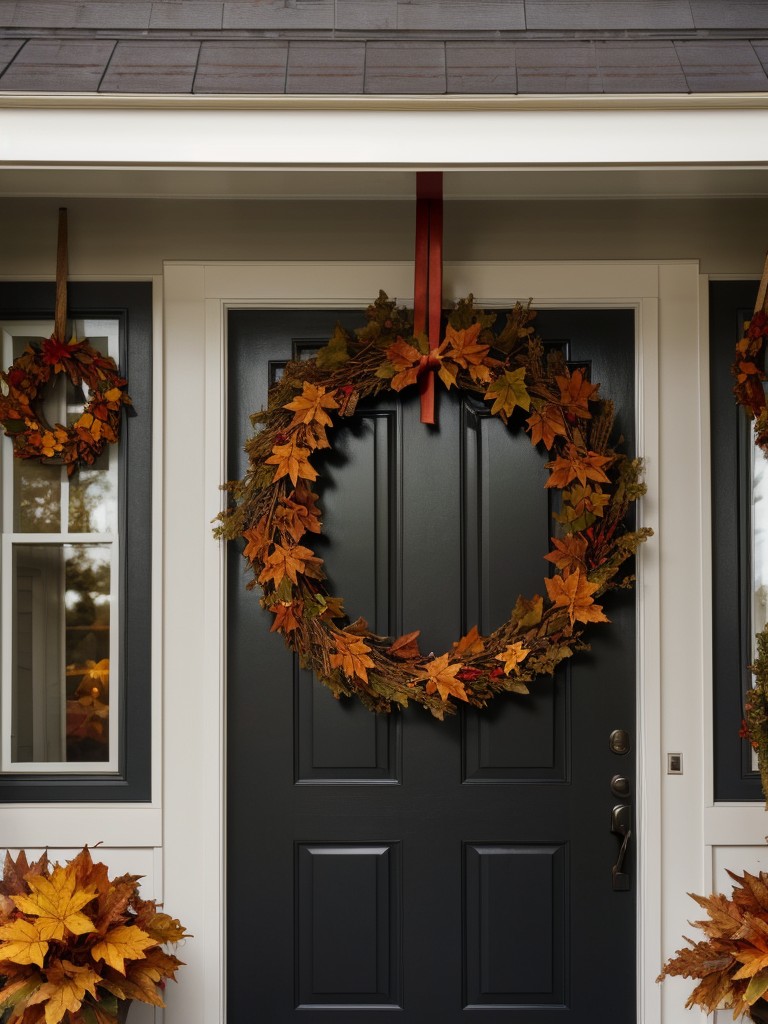 Hang a wreath made of autumn leaves or branches on your front door to welcome guests with seasonal warmth.