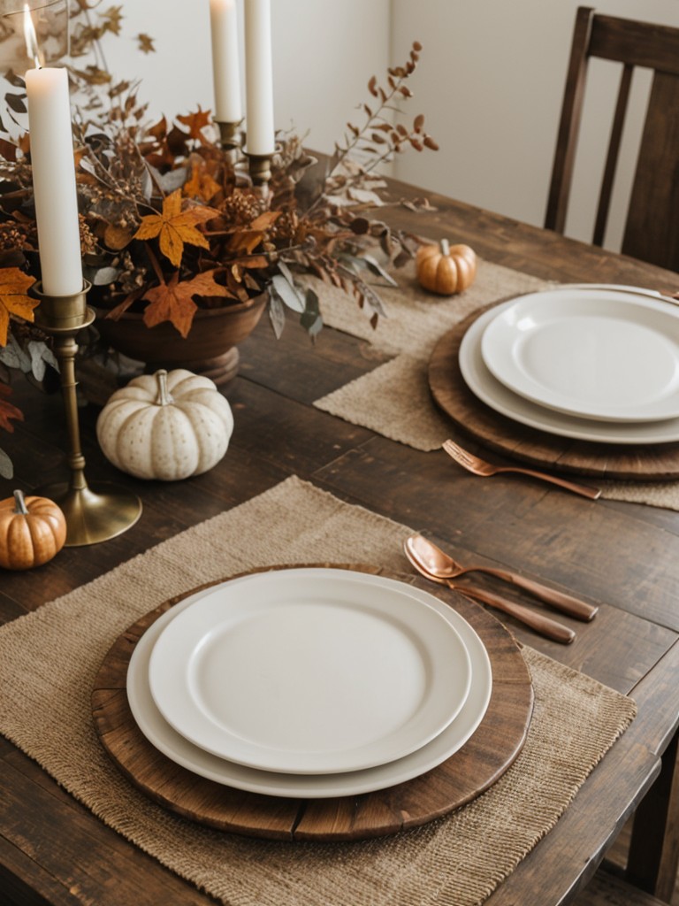 Introduce fall-themed table settings by using rustic table runners, earthy-toned plates, and brass or copper accents.