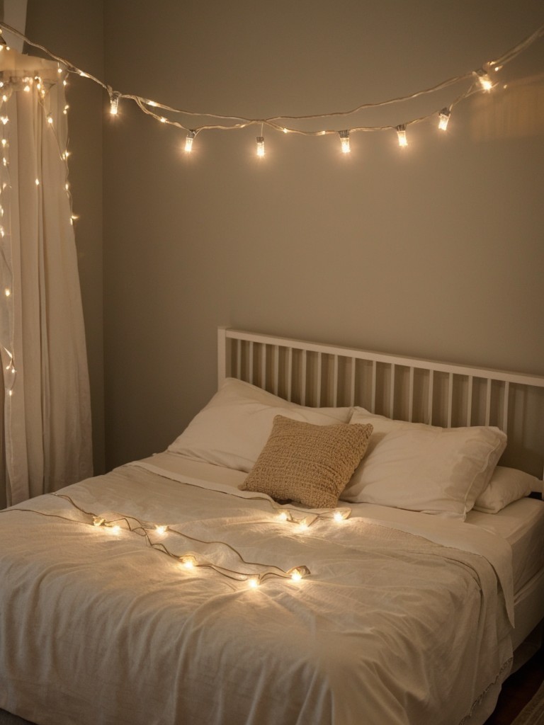 Experiment with string lights or fairy lights to add a touch of whimsy and soft, ambient lighting to the room.