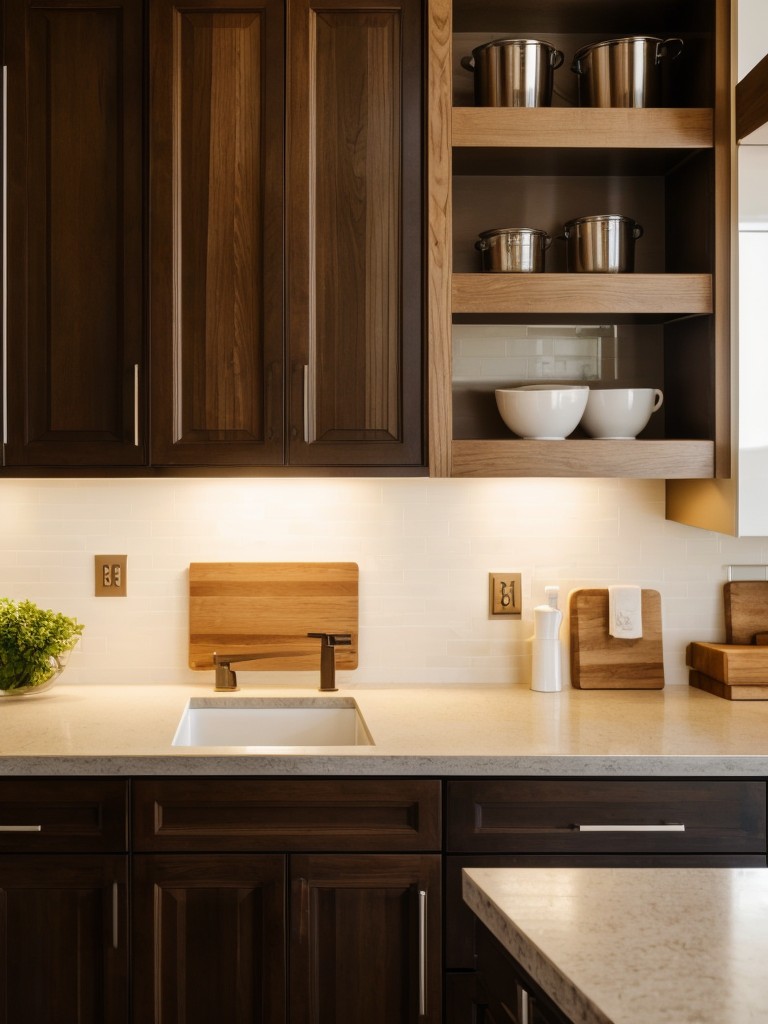 Utilize task lighting under cabinets or shelves in the kitchen area for functional and ambient illumination.