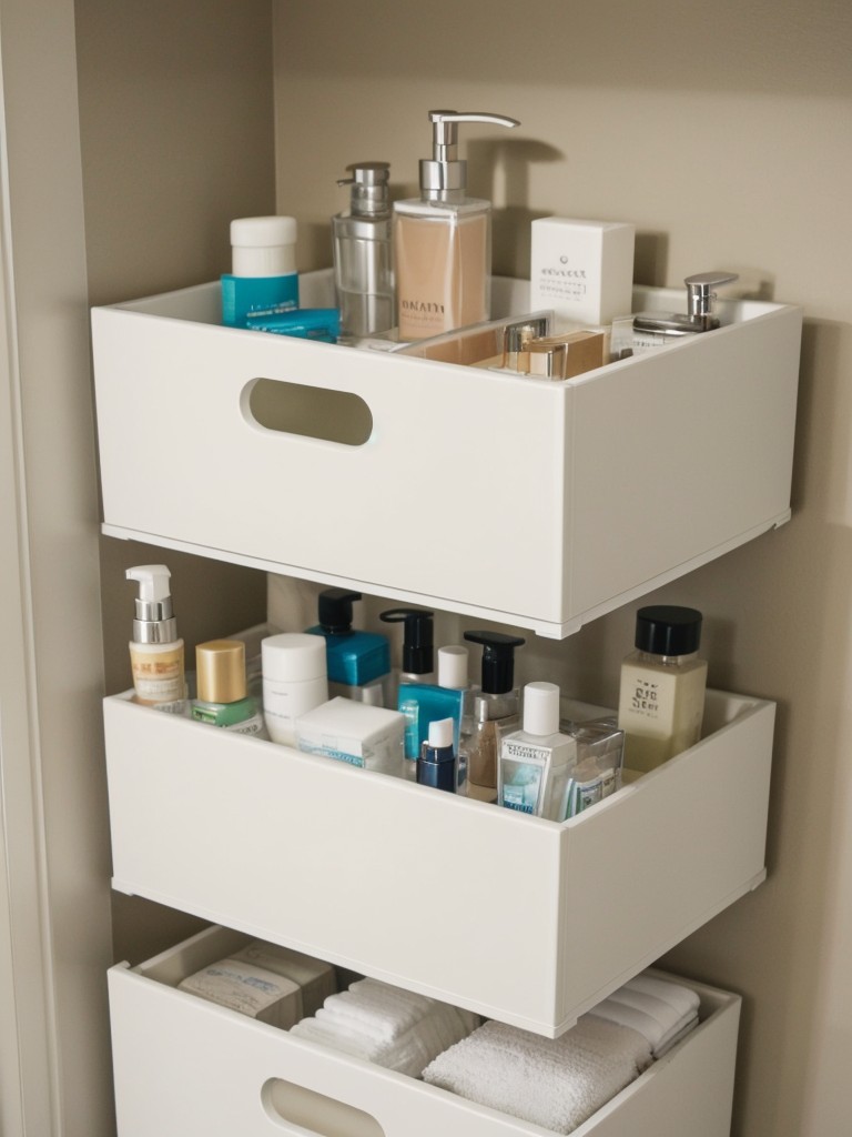 Consider using stackable storage bins or drawers for organizing cosmetics and toiletries in the bathroom.