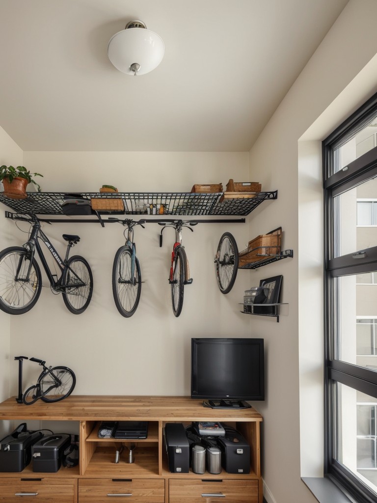 Consider using wall-mounted or ceiling-mounted racks for bicycle storage in the apartment.