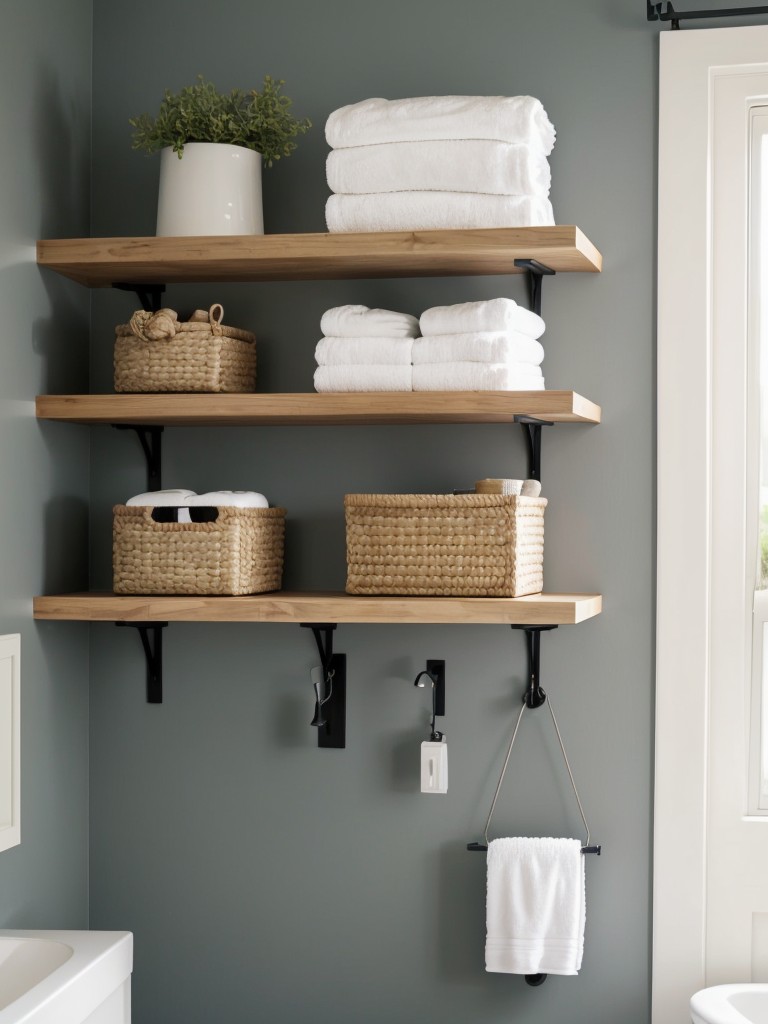 Install floating shelves or wall-mounted hooks for additional storage in the bathroom.