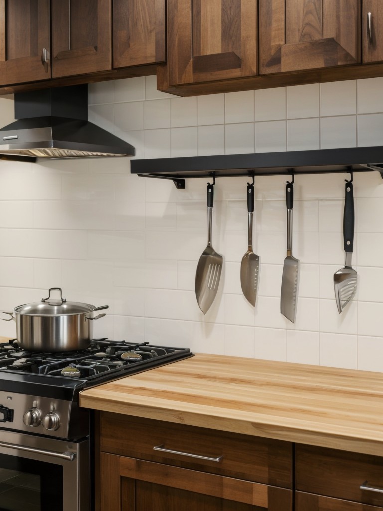 Install a wall-mounted pot rack or magnetic knife holder in the kitchen to free up counter space.