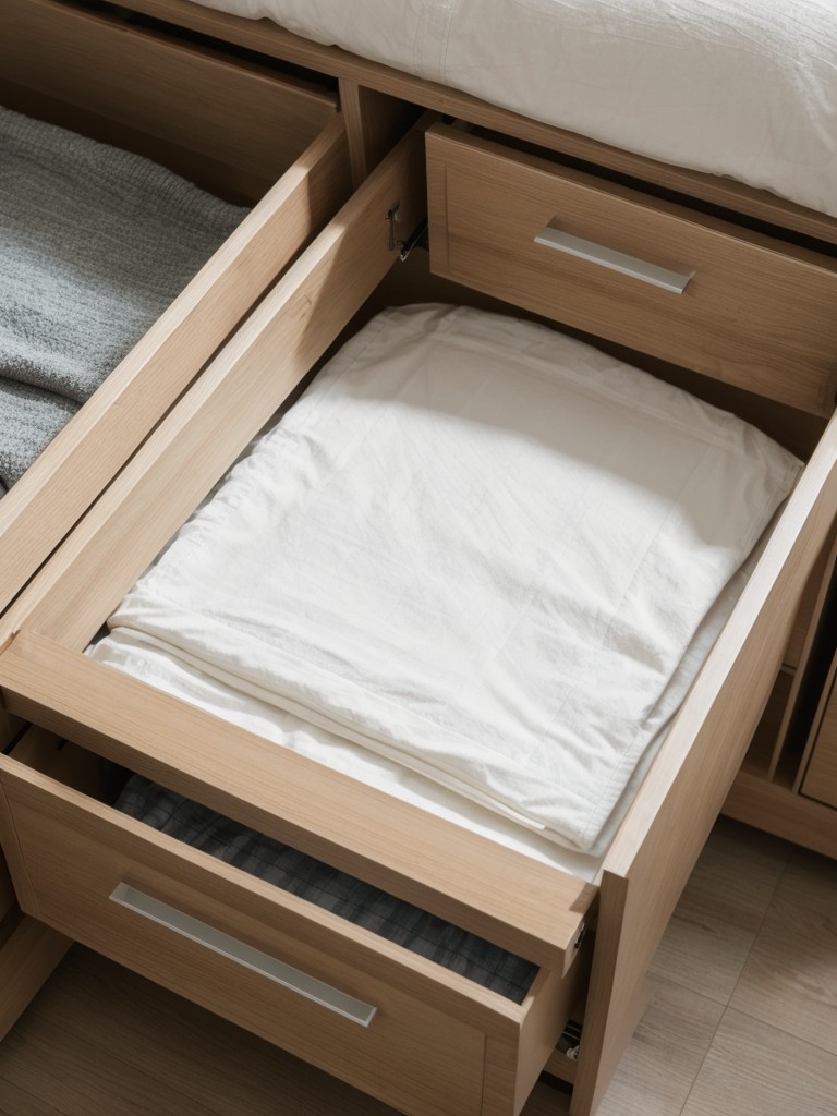 Invest in a bed frame with built-in drawers or storage compartments for clothing and linens.