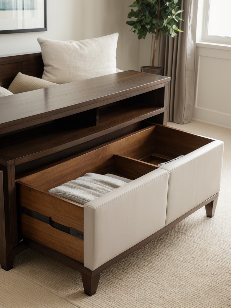 Opt for furniture with built-in storage options, such as ottomans with hidden compartments.