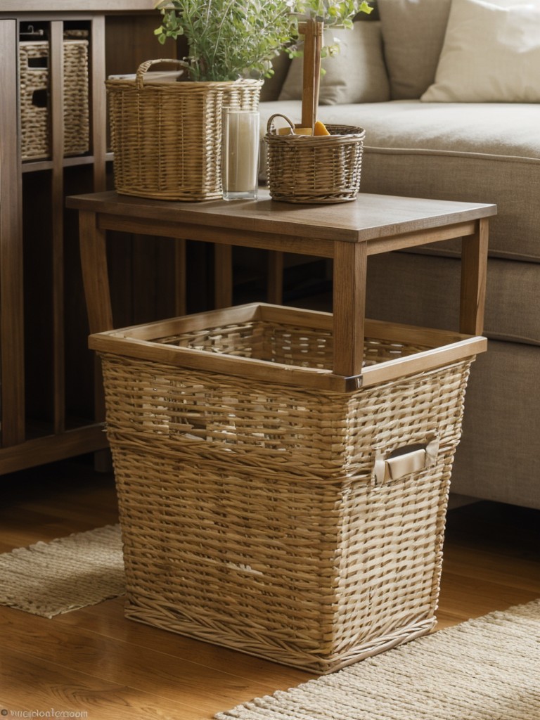 Use decorative baskets or bins to corral loose items and maintain a clutter-free living area.