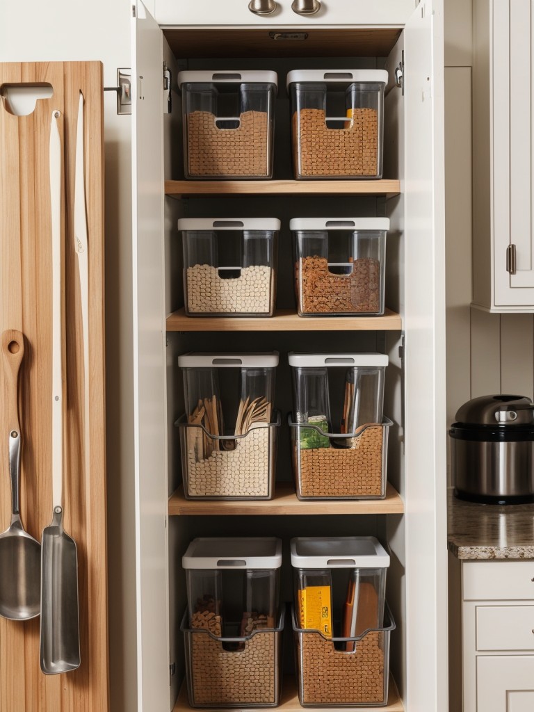 Use a pegboard or hanging organizers inside the pantry or kitchen cabinets for additional storage of small items and utensils.