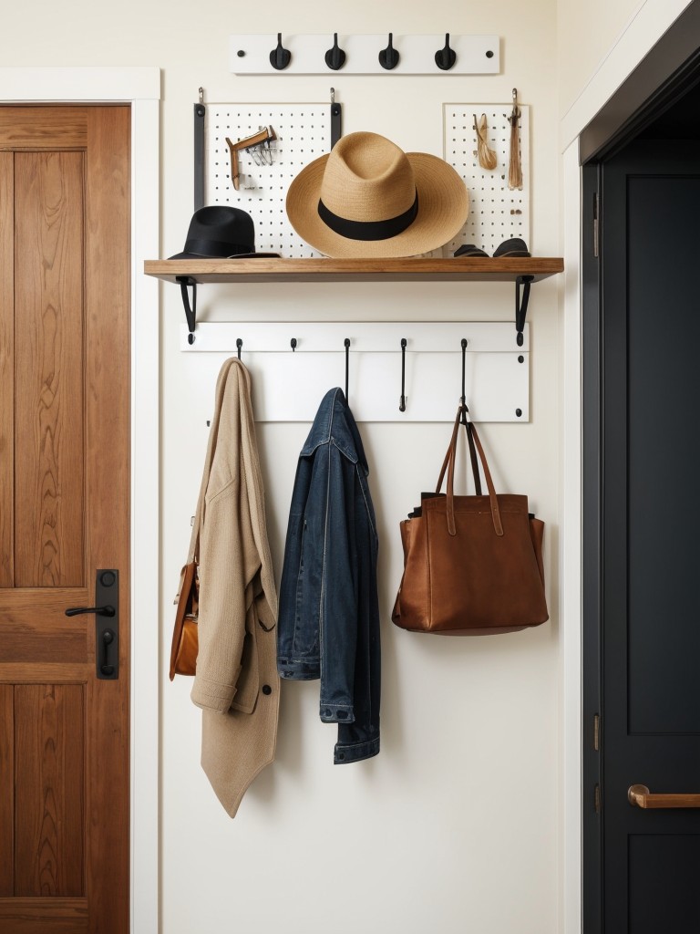 Use a pegboard or wall-mounted hooks in the entryway for hanging coats, hats, and bags.