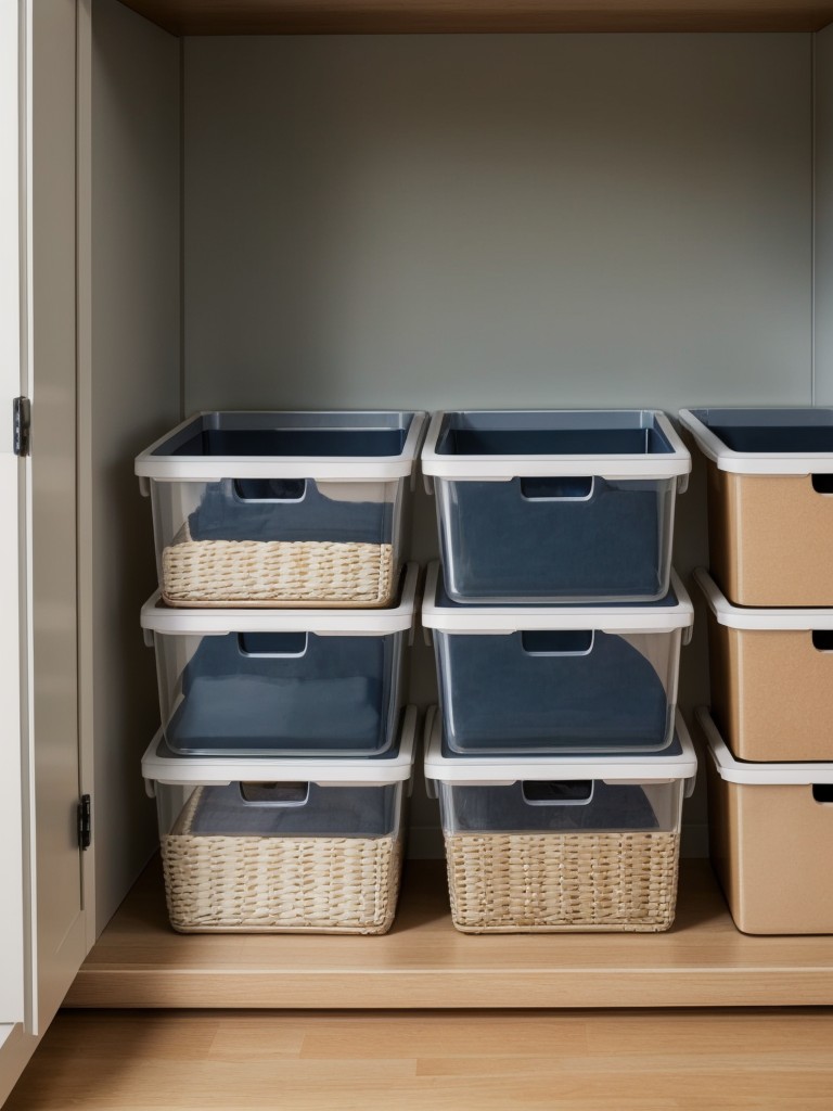 Use stackable storage containers or bins to keep items organized and easily accessible.