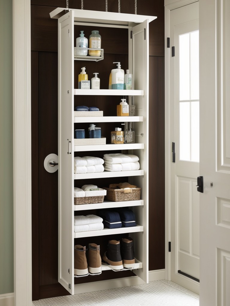 Utilize the back of doors for hanging storage, such as using an over-the-door shoe organizer for toiletries in the bathroom.