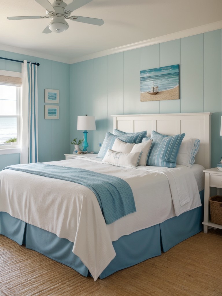 Beachy men's bedroom with coastal-inspired decor, light colors, and playful nautical elements for a relaxed and summery ambiance.