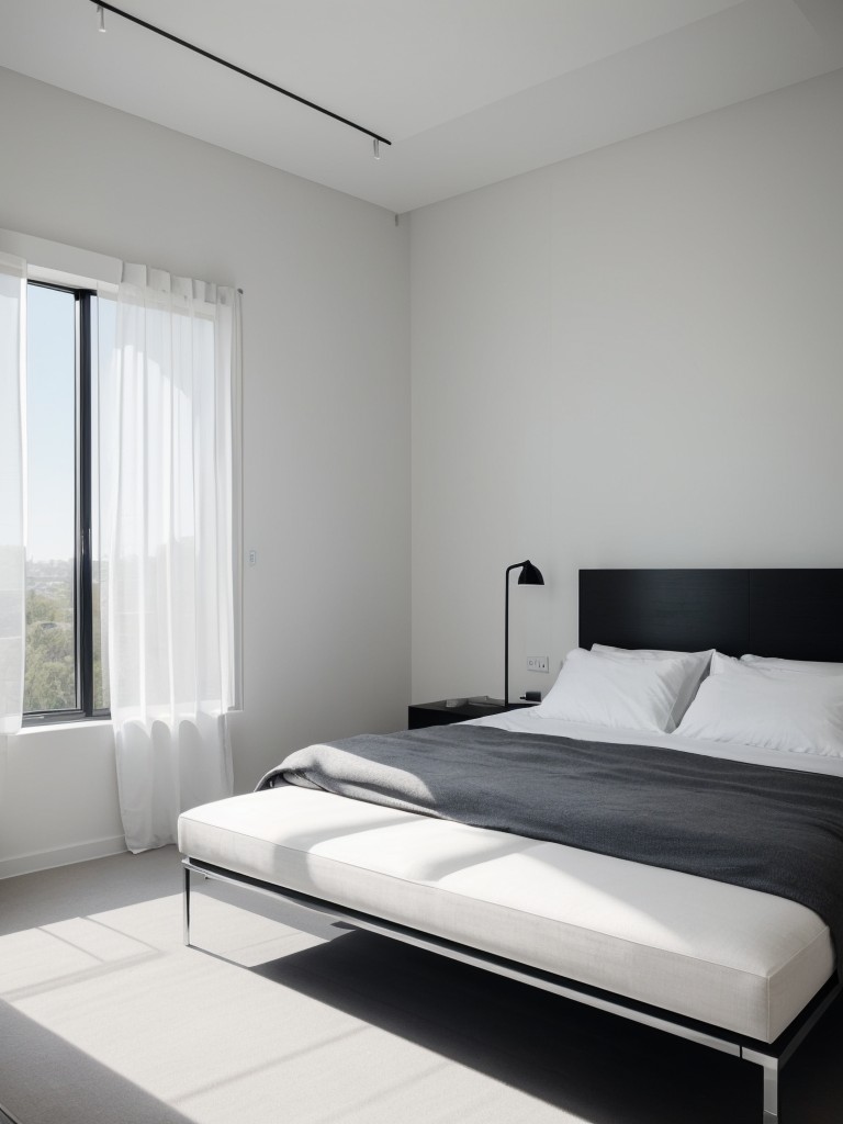Contemporary men's bedroom with clean lines, monochromatic color scheme, and minimalist furniture for a sleek and sophisticated aesthetic.