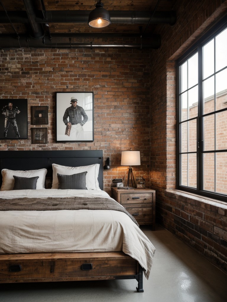 Industrial-inspired men's bedroom with exposed brick walls, metal accents, and rustic wood furniture for a rugged and masculine feel.