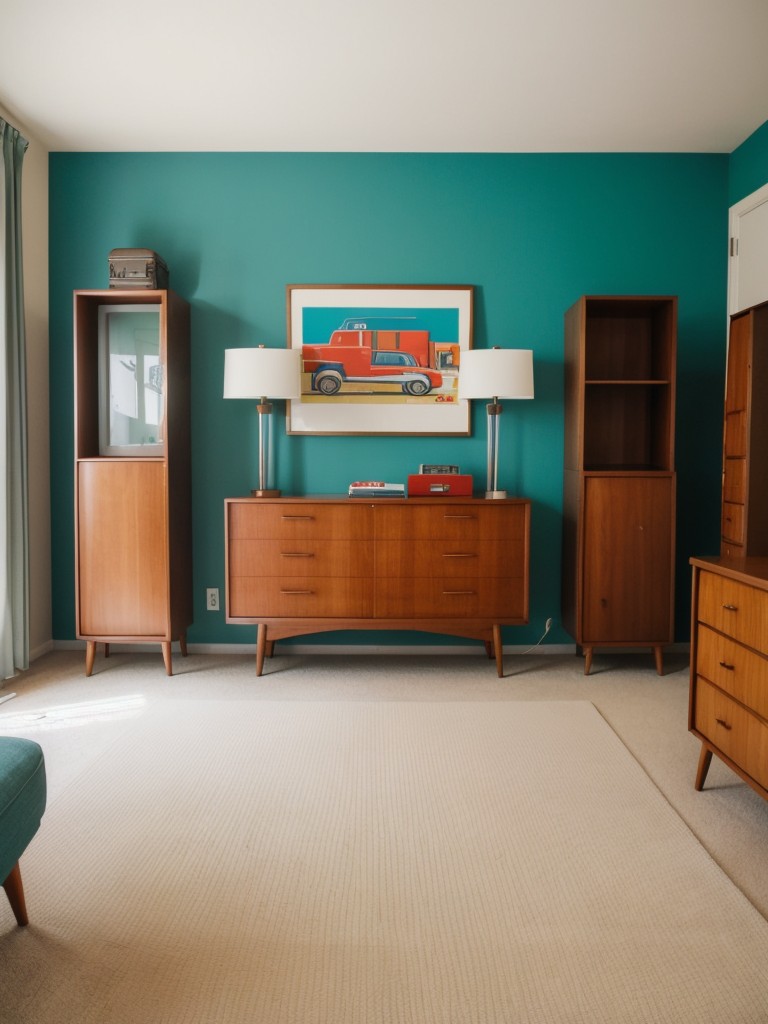 Mid-century modern men's bedroom featuring iconic furniture designs, vibrant colors, and retro-inspired artwork for a stylish and nostalgic vibe.