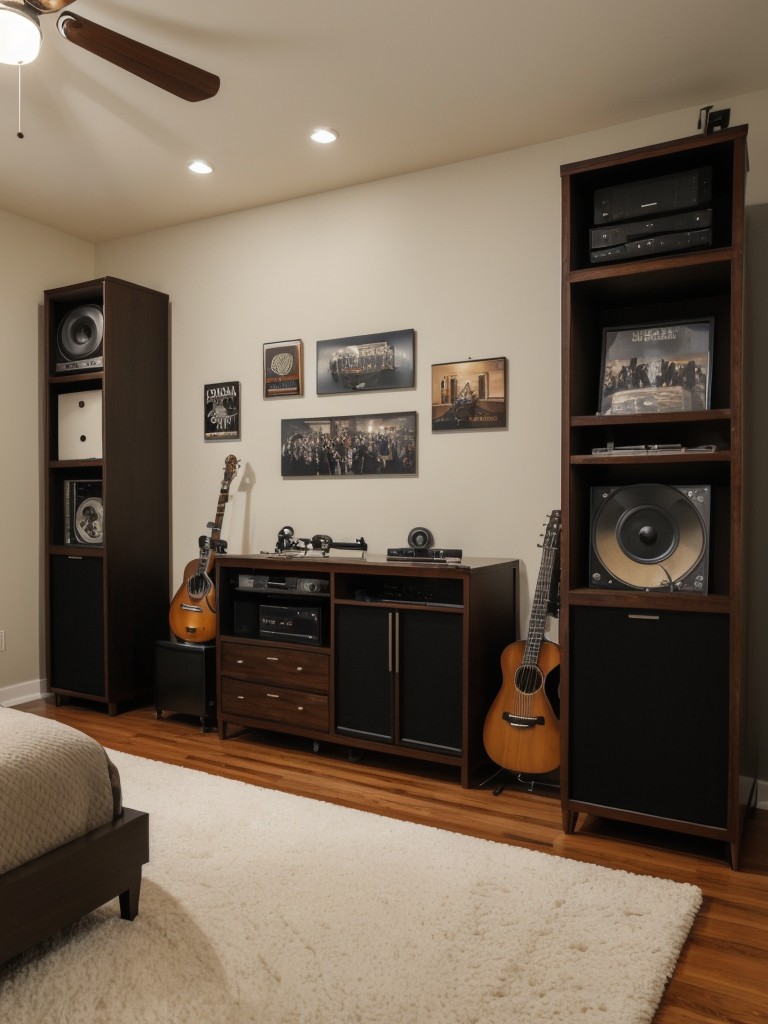 Music-inspired men's bedroom featuring a dedicated vinyl collection display, musical instrument accents, and soundproofing elements for an immersive and creative space.