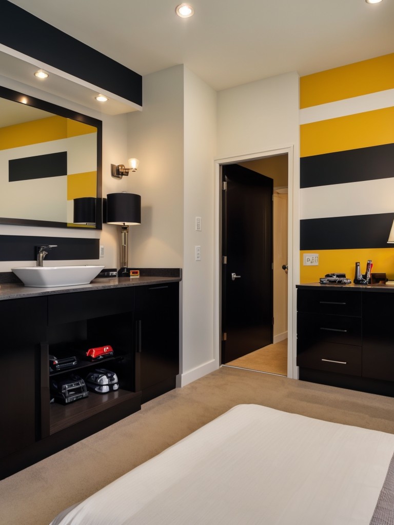 Racing-themed men's bedroom with automotive-inspired decor, bold racing stripes, and sleek furniture for a high-octane and energetic feel.