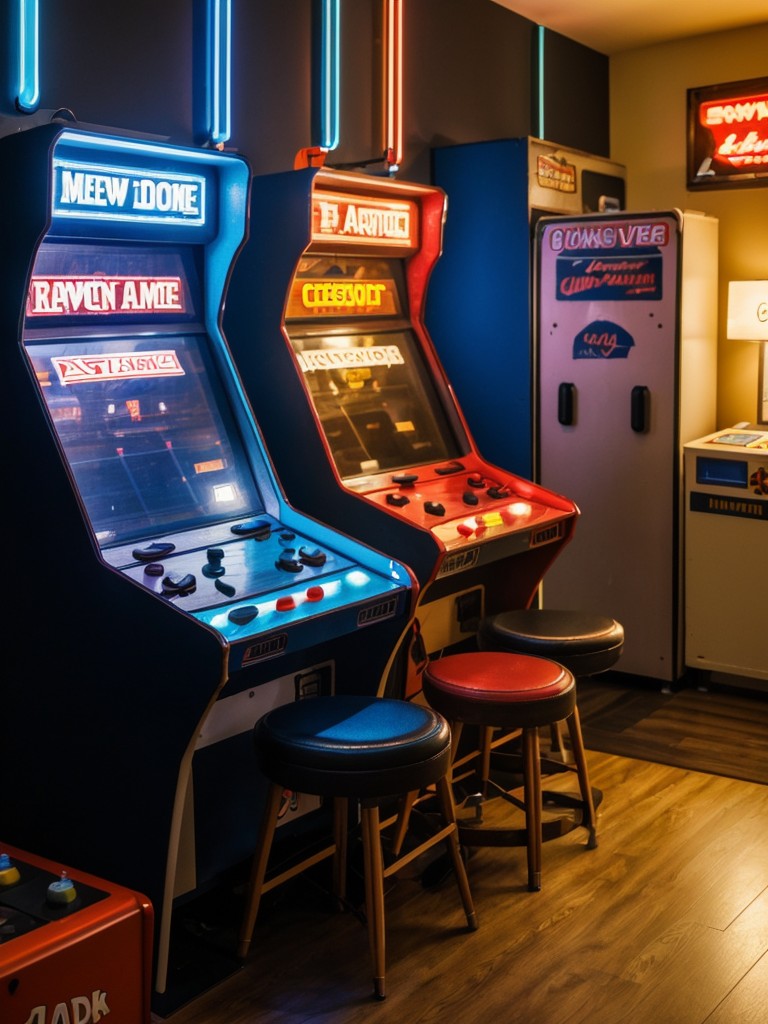 Retro gaming-themed men's bedroom with vintage arcade machines, retro video game decor, and neon lights for a nostalgic and playful atmosphere.