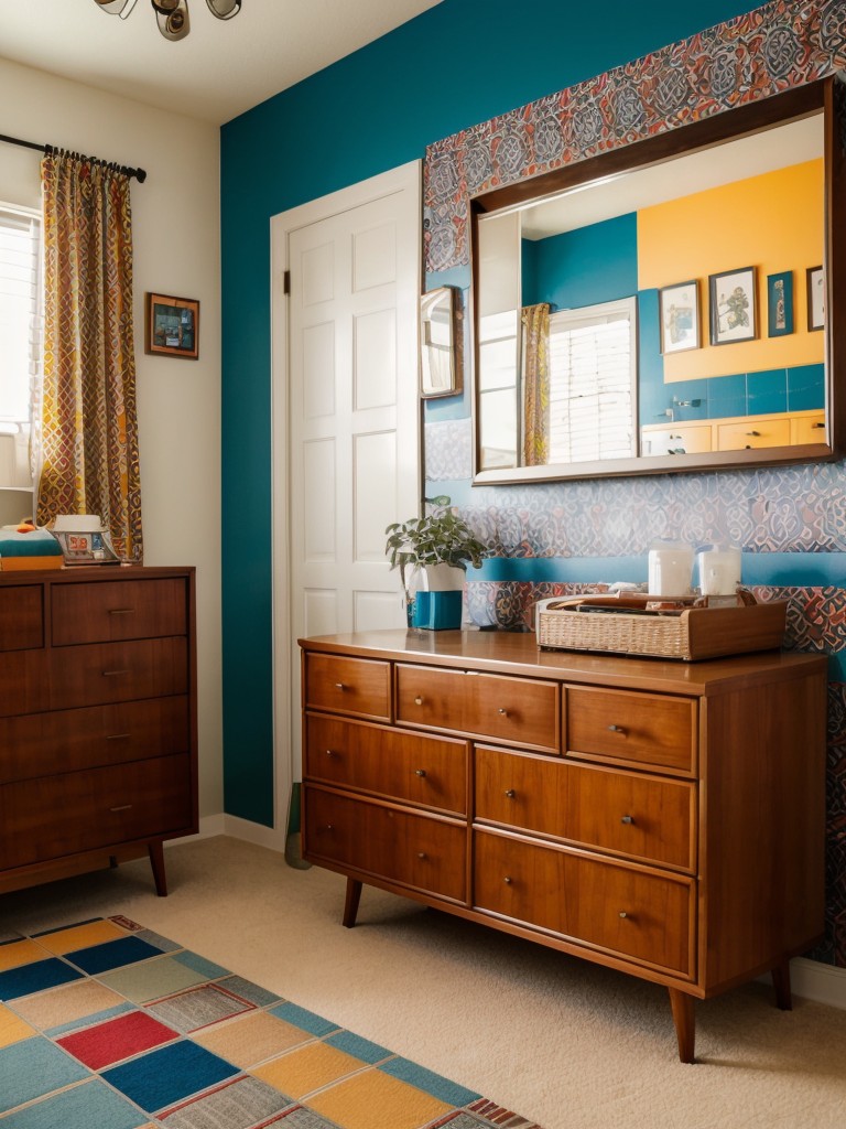 Retro-inspired men's bedroom with vintage furniture, bold patterns, and vibrant colors for a fun and nostalgic atmosphere.