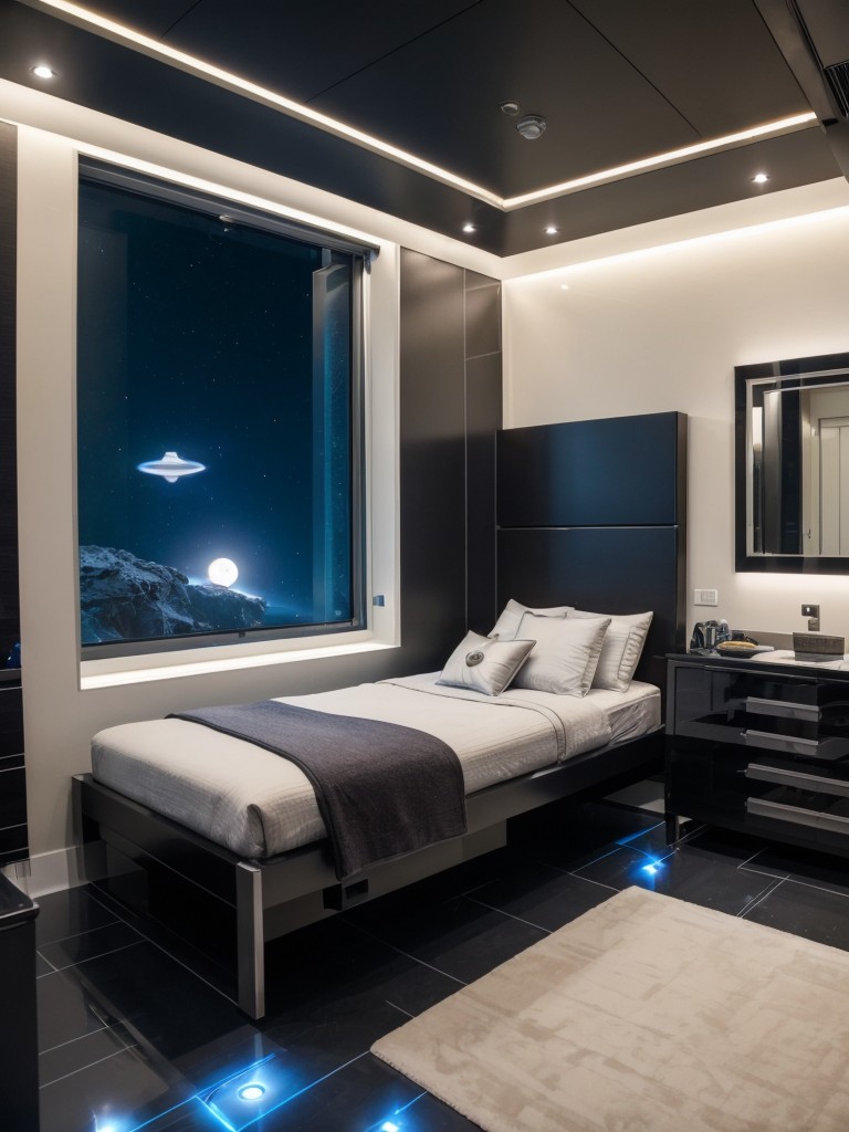 Sci-fi inspired men's bedroom with futuristic furniture, space-themed decor, and cutting-edge technology for a space explorer vibe.