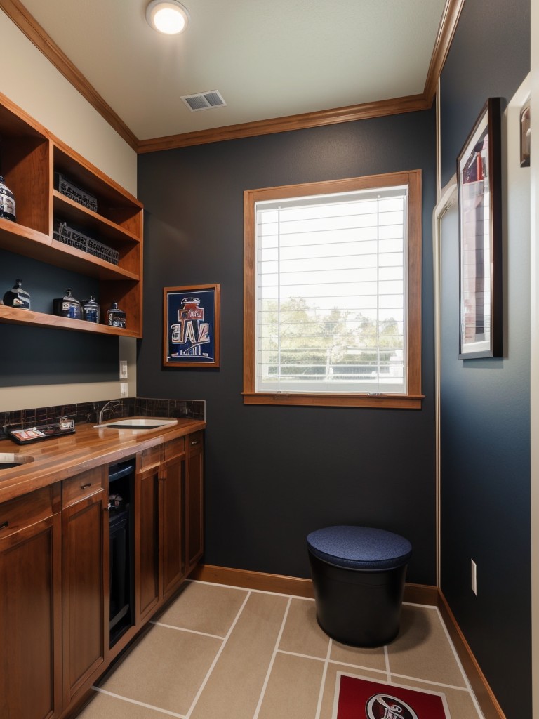 Sports-themed men's bedroom with memorabilia displays, team colors, and athletic-inspired decor for the ultimate fan cave experience.