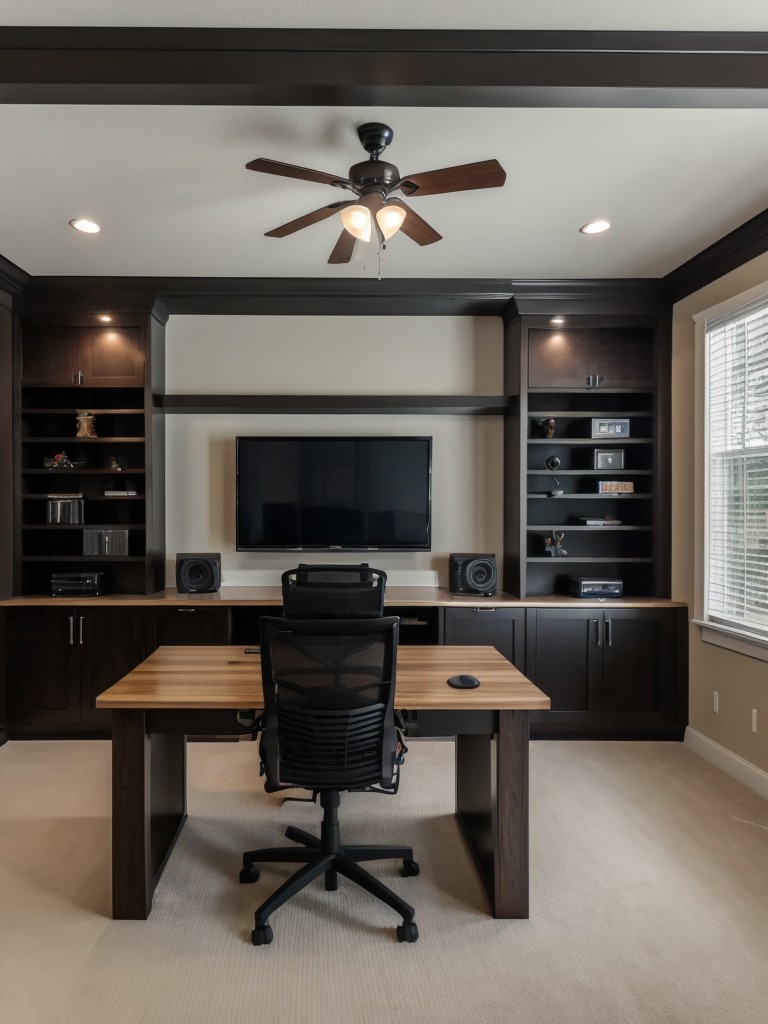 Tech-savvy men's bedroom with a fully equipped home office, gaming setup, and advanced audiovisual systems for a multifunctional and entertainment-focused space.