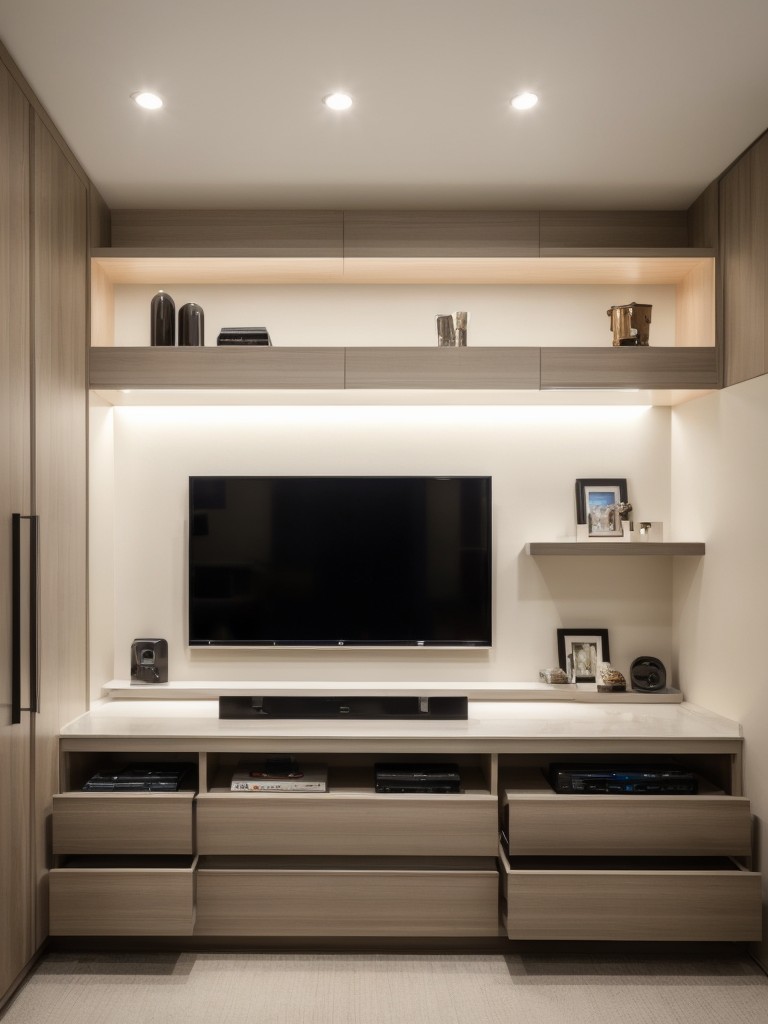 Technology-focused men's bedroom with smart home features, integrated electronics, and innovative storage solutions for a futuristic and functional space.