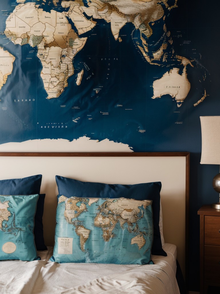 Travel-inspired men's bedroom with maps, globes, and wanderlust-themed decor for a worldly and adventurous atmosphere.