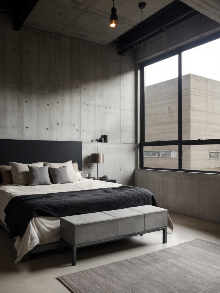 Urban loft-inspired men's bedroom with exposed concrete walls, open floor plan, and contemporary furniture for an edgy and urban vibe.