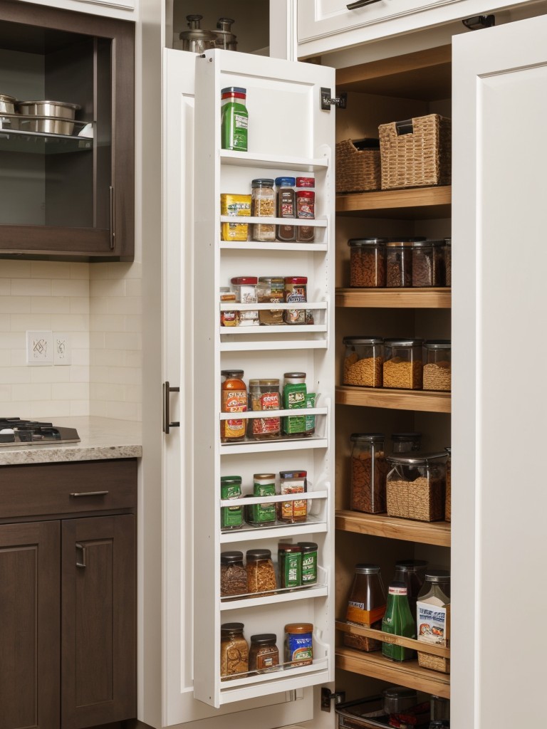 Consider a pull-out pantry section in a narrow gap between cabinets for hidden storage.