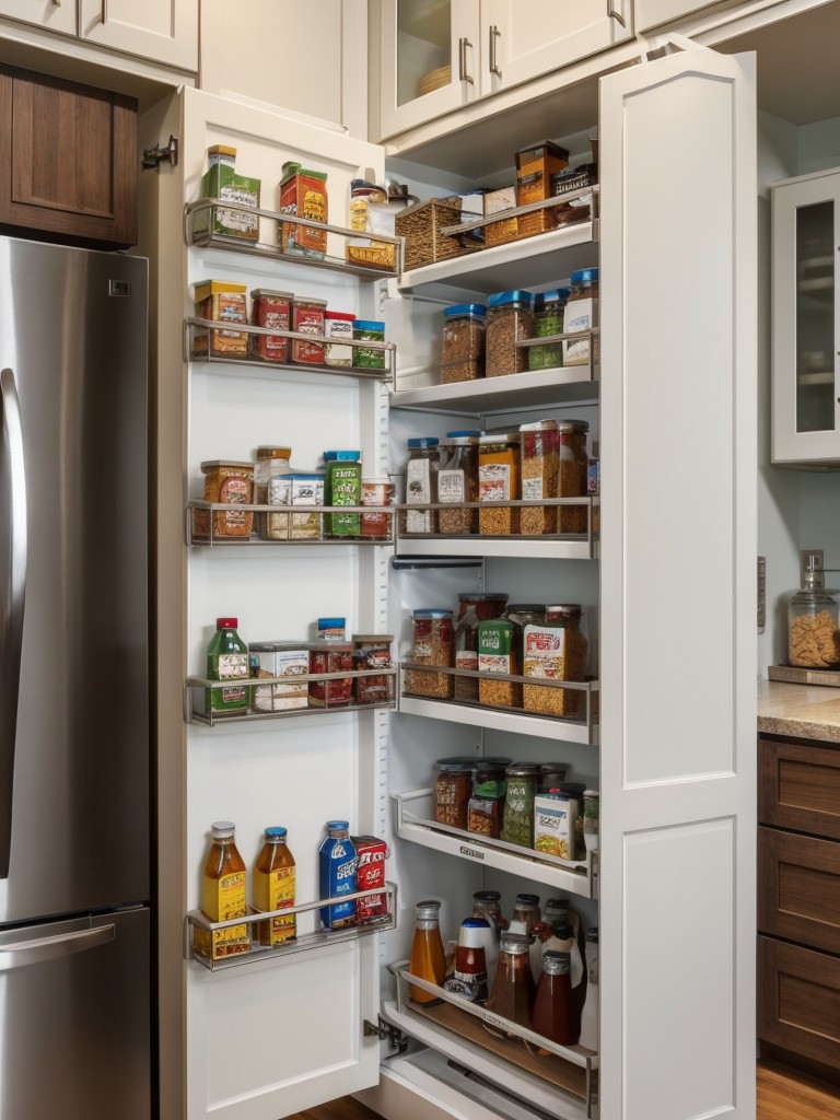 Incorporate a pull-out pantry cabinet next to the refrigerator for easy access.