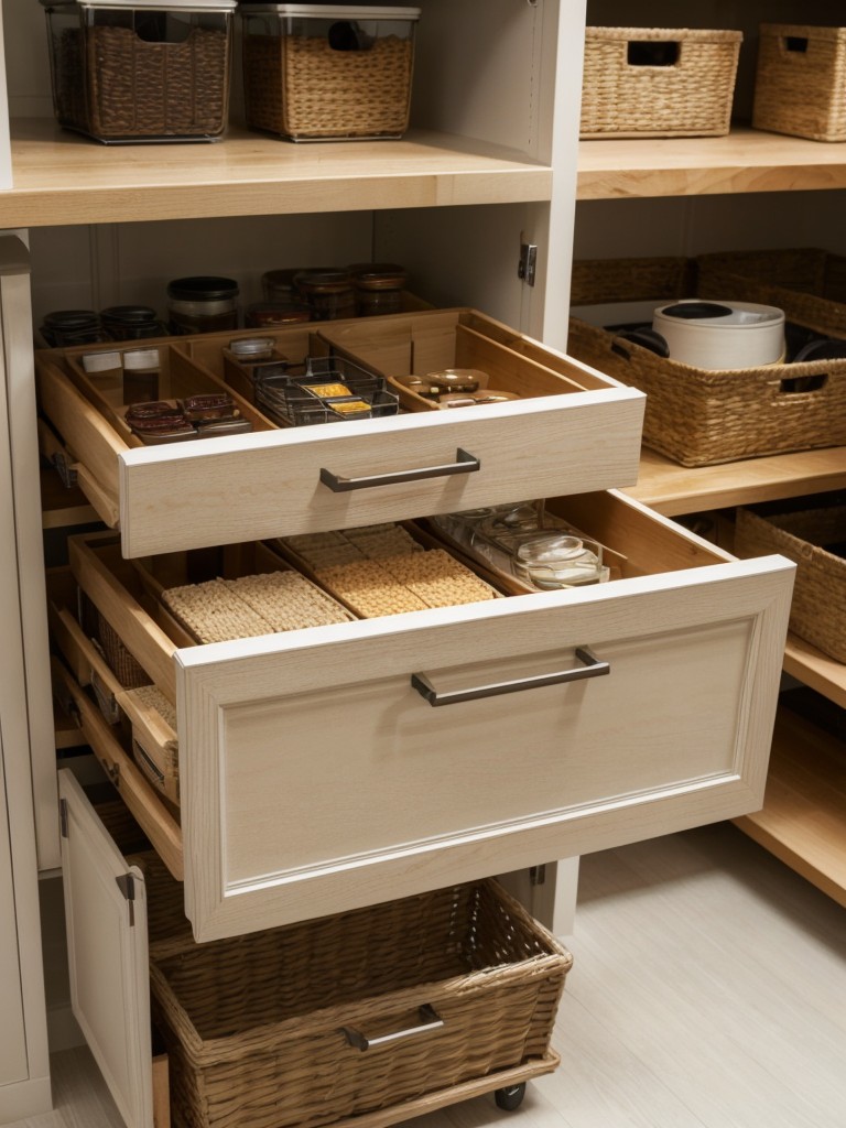 Install pull-out drawers and baskets to easily access pantry items.