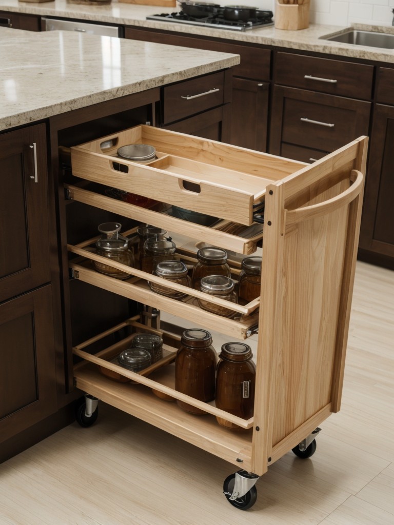 Install a rolling pantry cart for additional storage that can be moved around as needed.