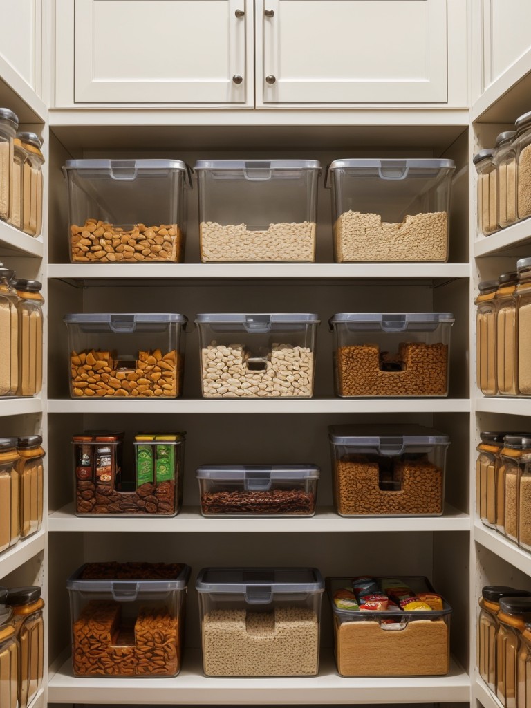 Use stackable containers to maximize vertical space in the pantry.