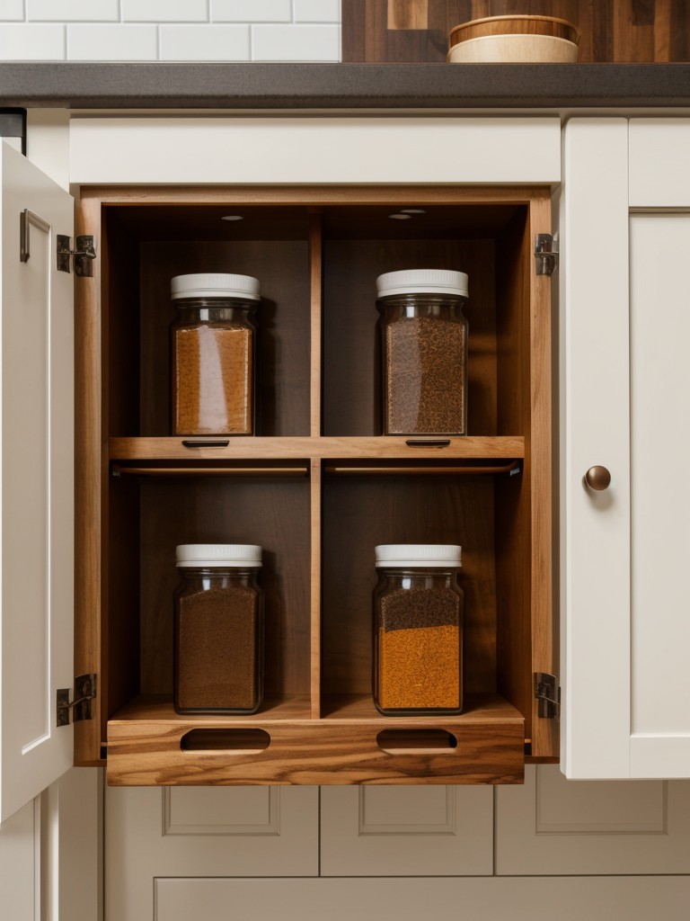 Utilize the inside of cabinet doors with mounted spice racks or hooks.