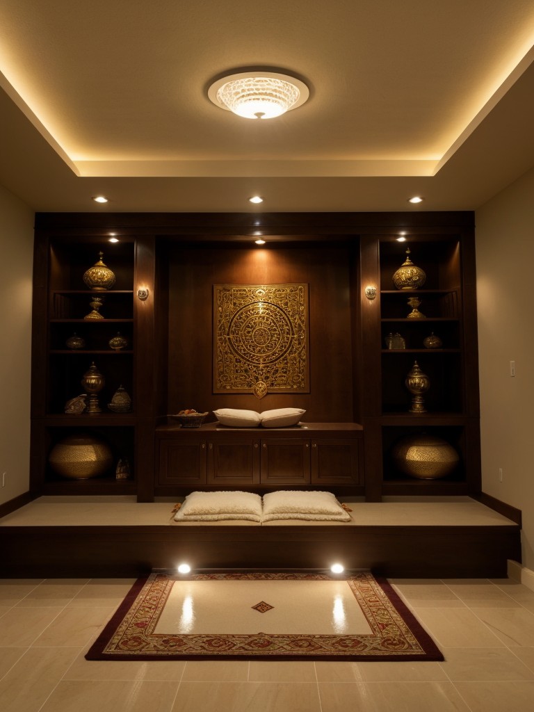 Install recessed lighting or LED strips to spotlight the pooja unit and create a magical ambiance during prayer time.