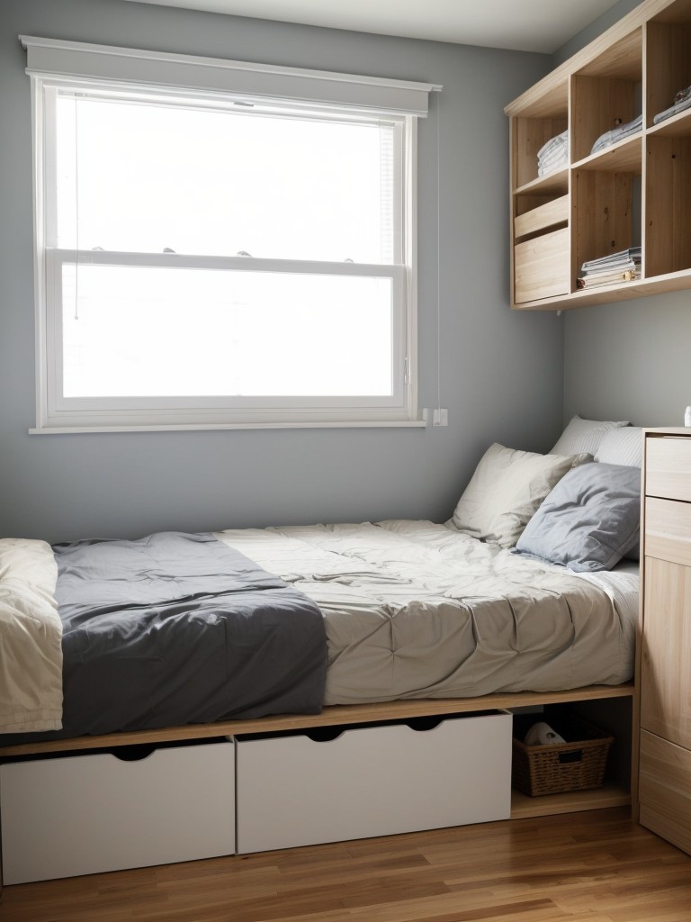 Affordable and space-saving bedroom storage solutions for small apartments, such as under-bed storage and hanging organizers.