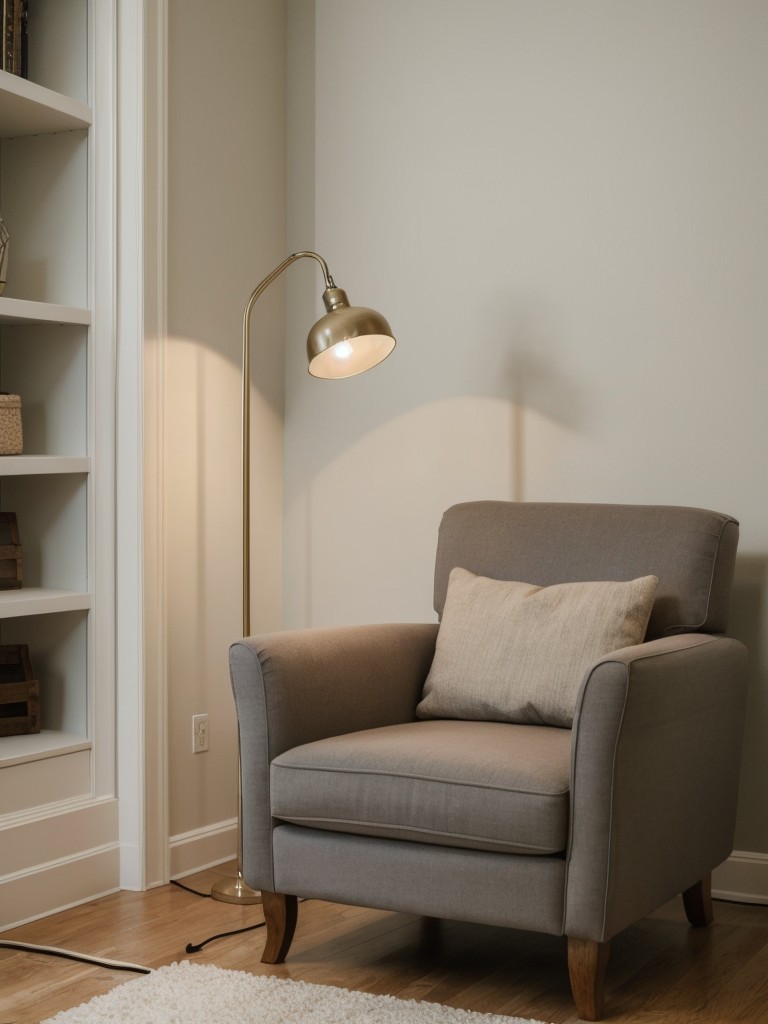 Create a cozy reading nook with a comfortable armchair, a small side table, and a floor lamp.
