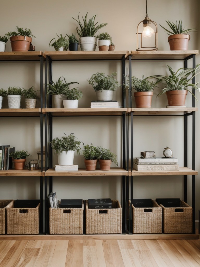 Decorate with open shelving units to display books, plants, or decorative items for added style and storage.