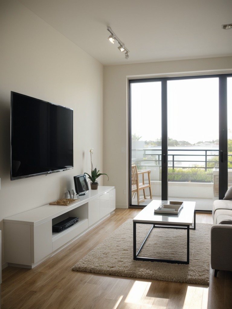 Incorporate a wall-mounted TV to save floor space and enhance the aesthetic appeal.