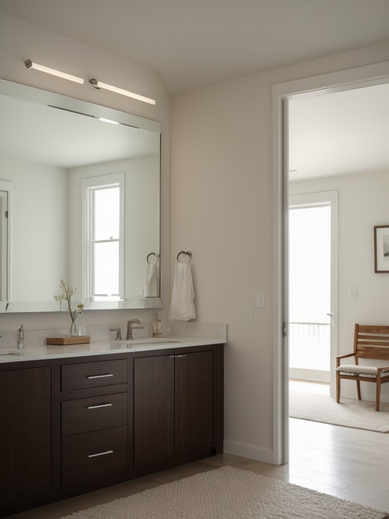 Install a large wall mirror to visually expand the space and reflect light.