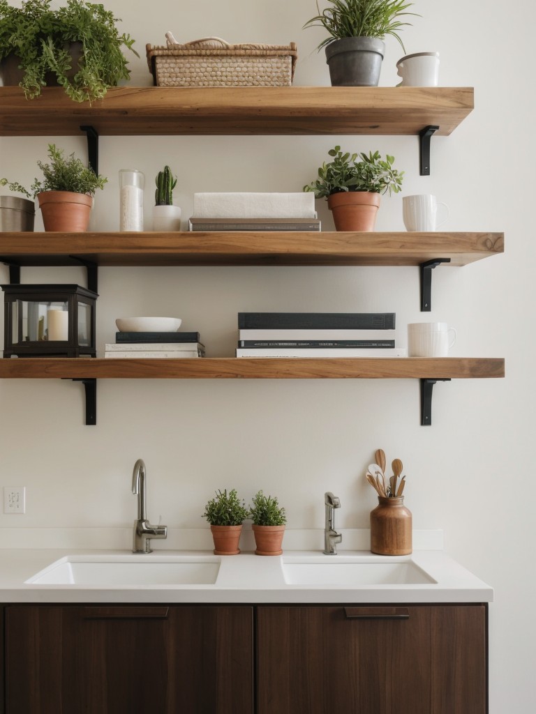Make use of vertical space by hanging wall-mounted shelves or floating shelves.