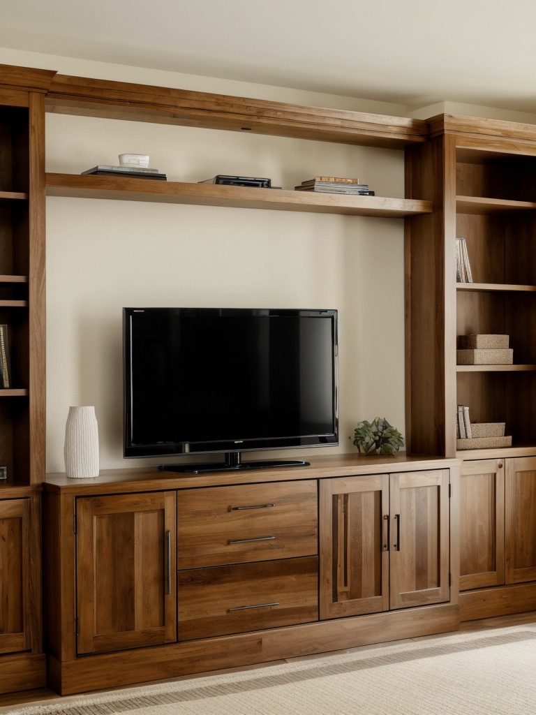 Use furniture with built-in storage, such as a media console with drawers or a bookshelf with cabinets.