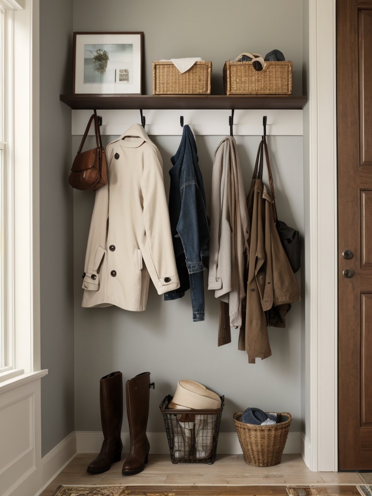 Use wall-mounted hooks or a compact coat rack for added storage and organization in the entryway.